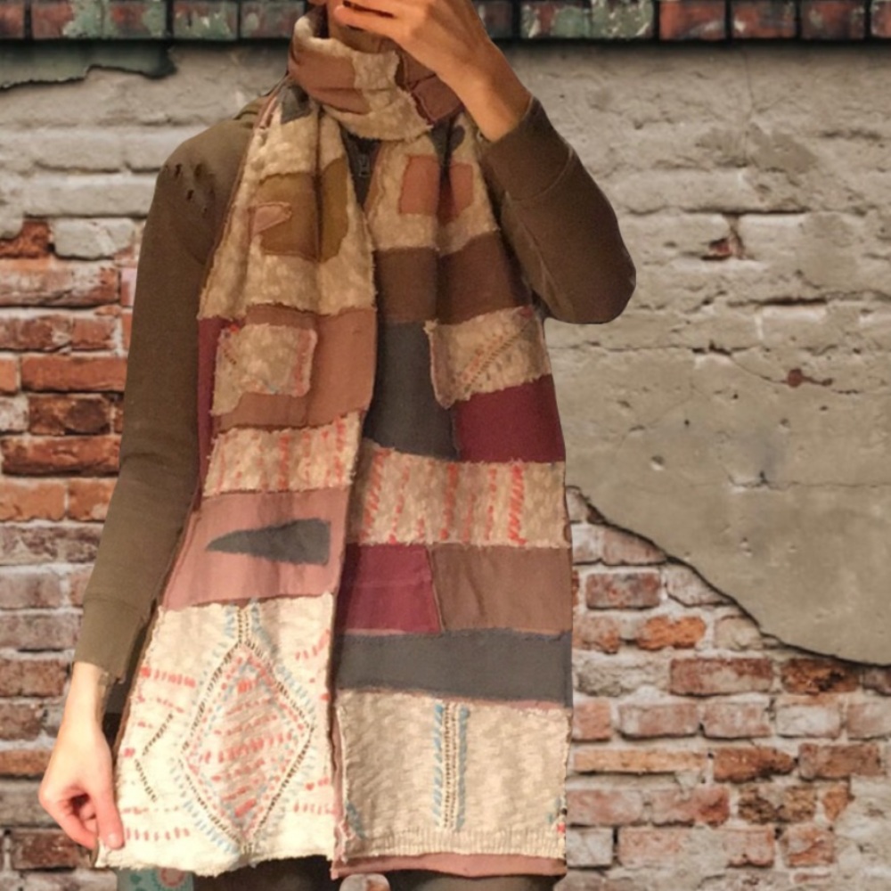Upcycled handmade ragged pieced together hobo chic embroidered patchwork scarf